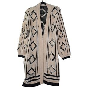 Lumiere Boho Long‎ Cardigan Sweater Open Front Diamond Pattern Medium